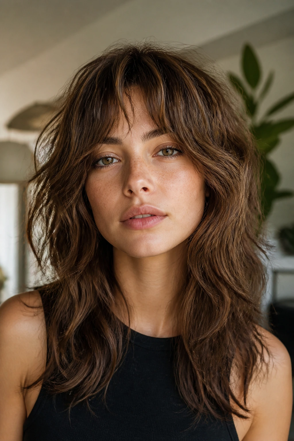 Close-up of a woman with a wolf cut and soft ends showing beachy texture