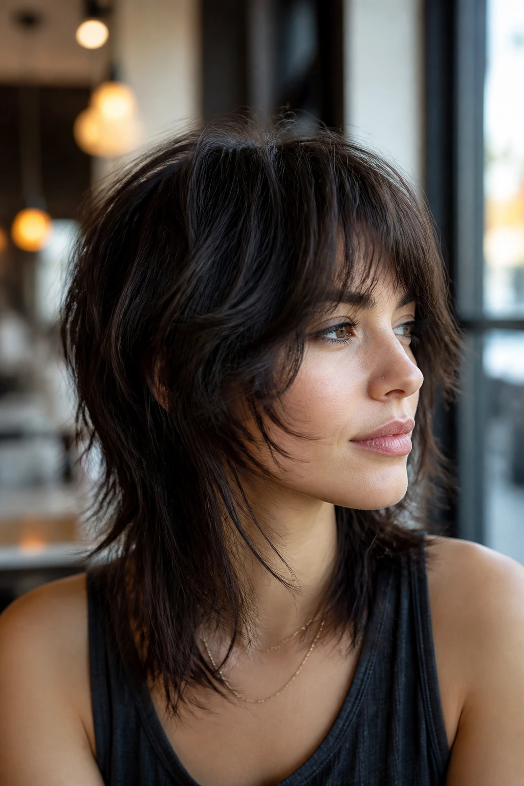 Portrait of a woman with a wolf cut and soft side bangs in natural daylight