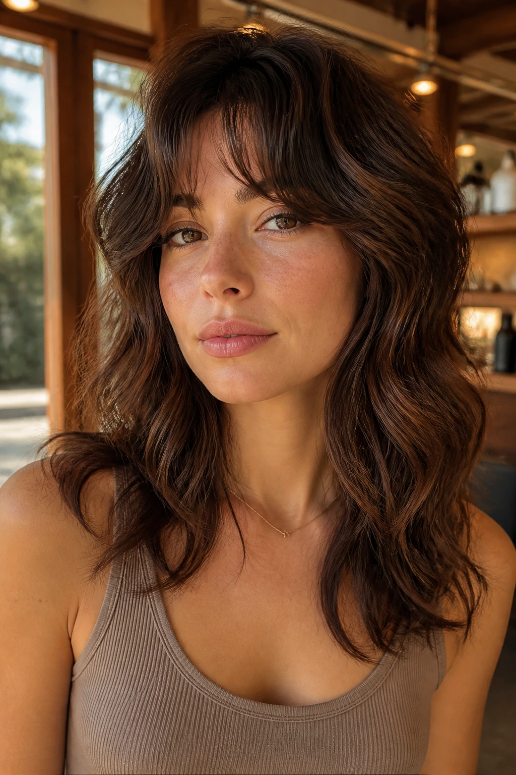 Close-up portrait of a real woman with soft wavy wolf cut showing crown lift and movement