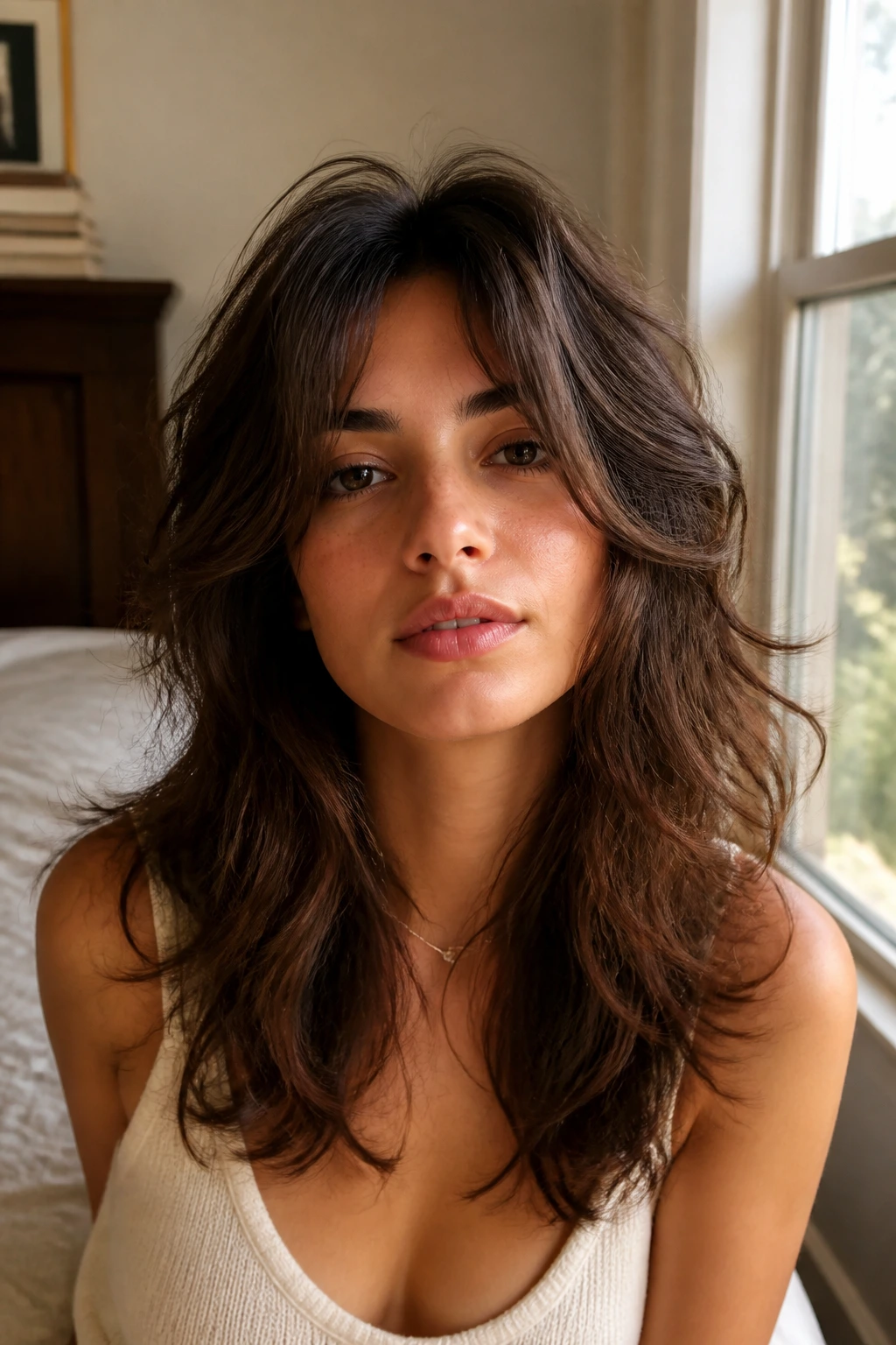 Close-up of a real woman with a soft-textured, wavy wolf cut showing crown lift and face-framing waves