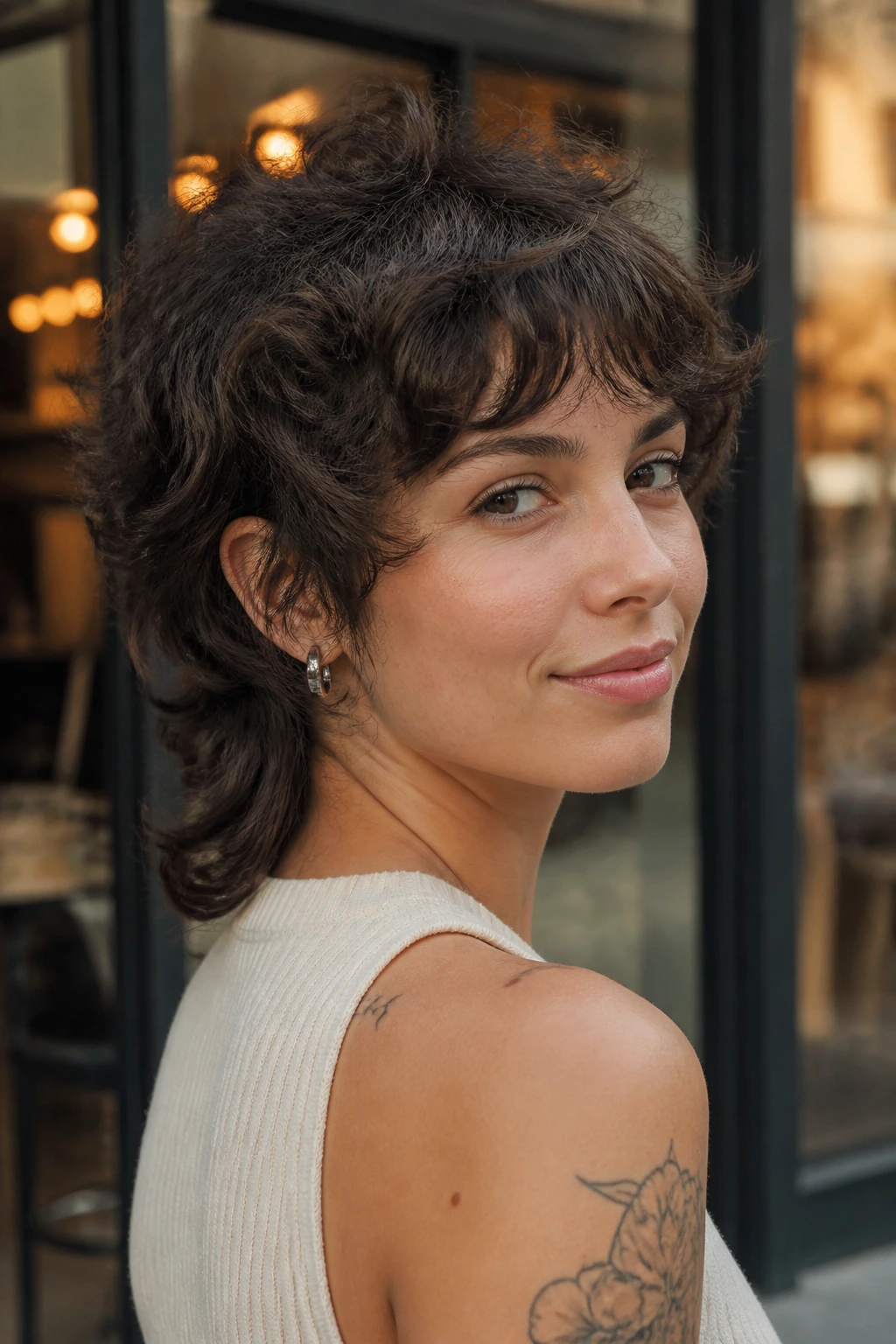 Close-up of a real woman with wolf cut and stacked back