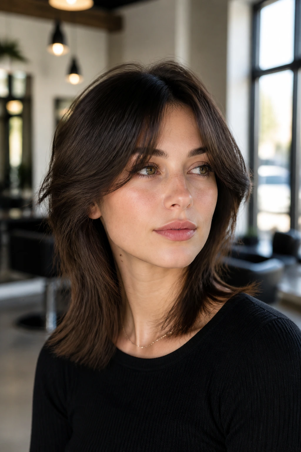 Close-up of a real person with a Wolf Cut Reworked for Straight Hair, crown lift and longer perimeter.