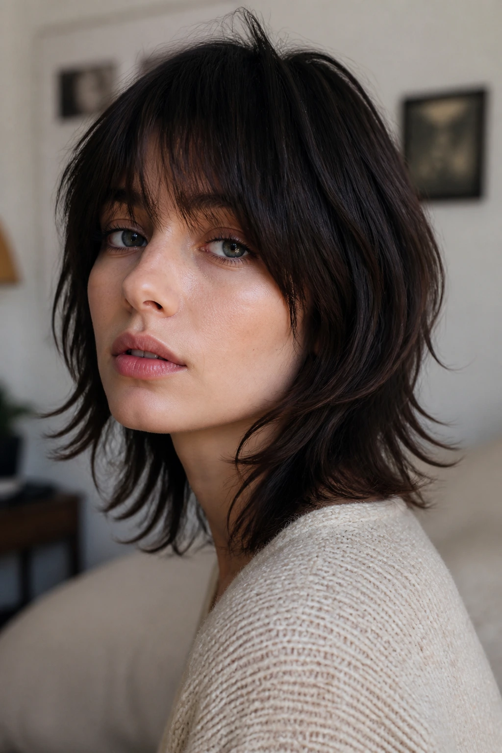 Close-up portrait of a real person with a short wolf cut on straight hair, showing layered shape.