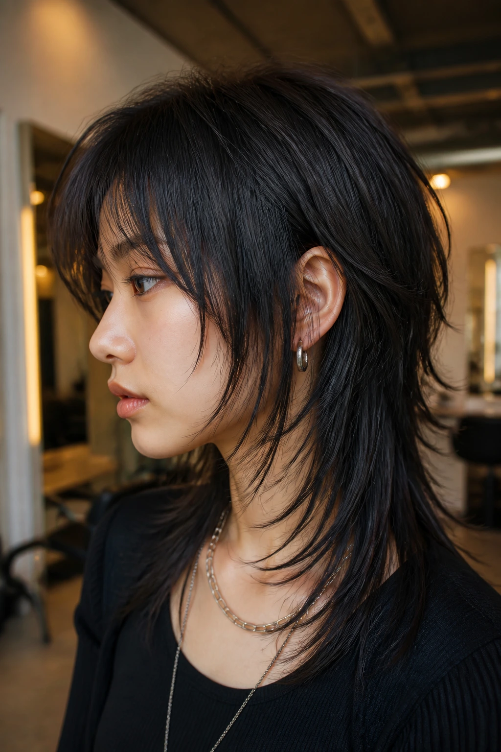 Portrait of a woman with a straight wolf cut.