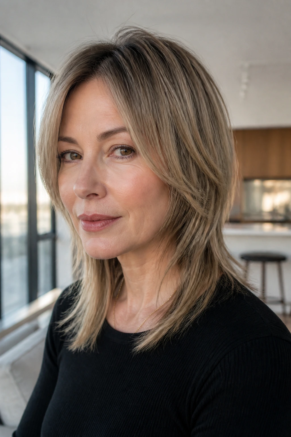 Close-up of a real person with a sleek wolf cut on straight fine hair in natural light