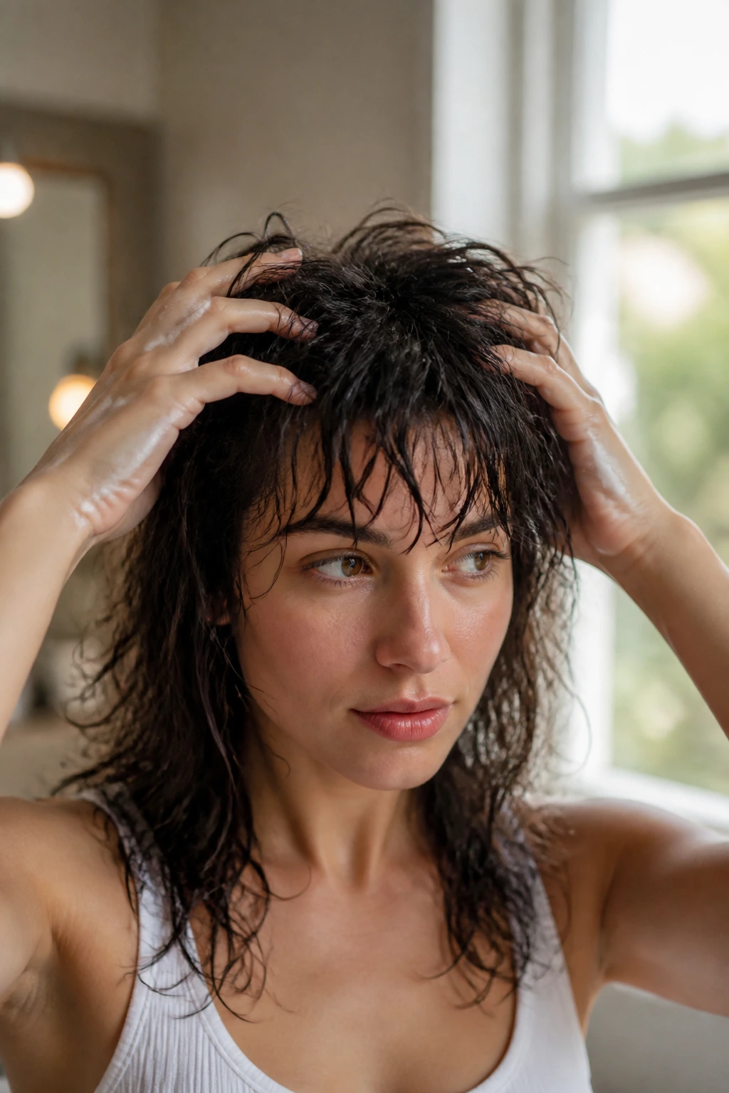 Close-up of a real person applying mousse to damp wolf-cut hair