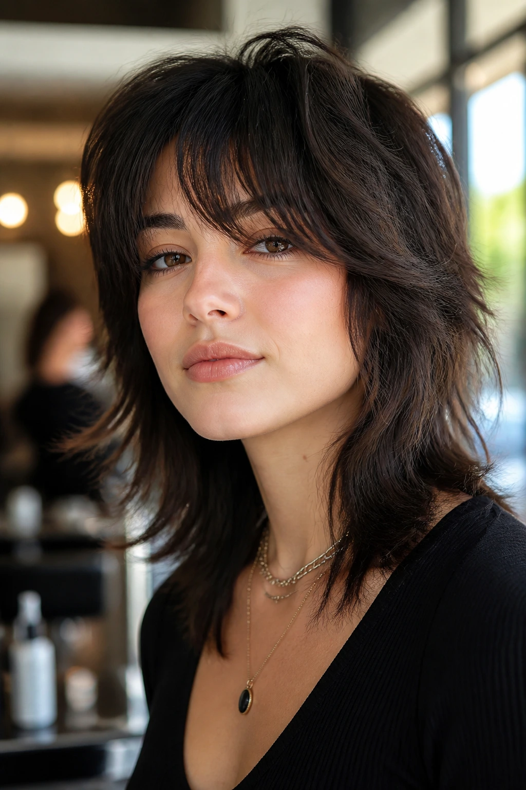 Portrait showing a wolf cut with shape-sharp styling cues and lifted crown.
