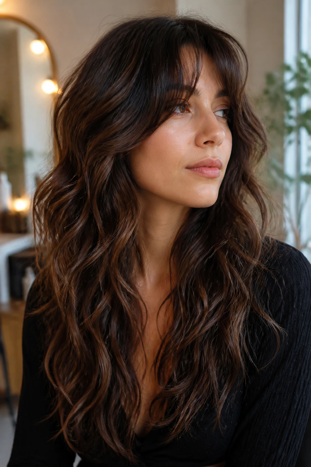 Close-up portrait of a real woman with a long wolf cut showing waves and texture