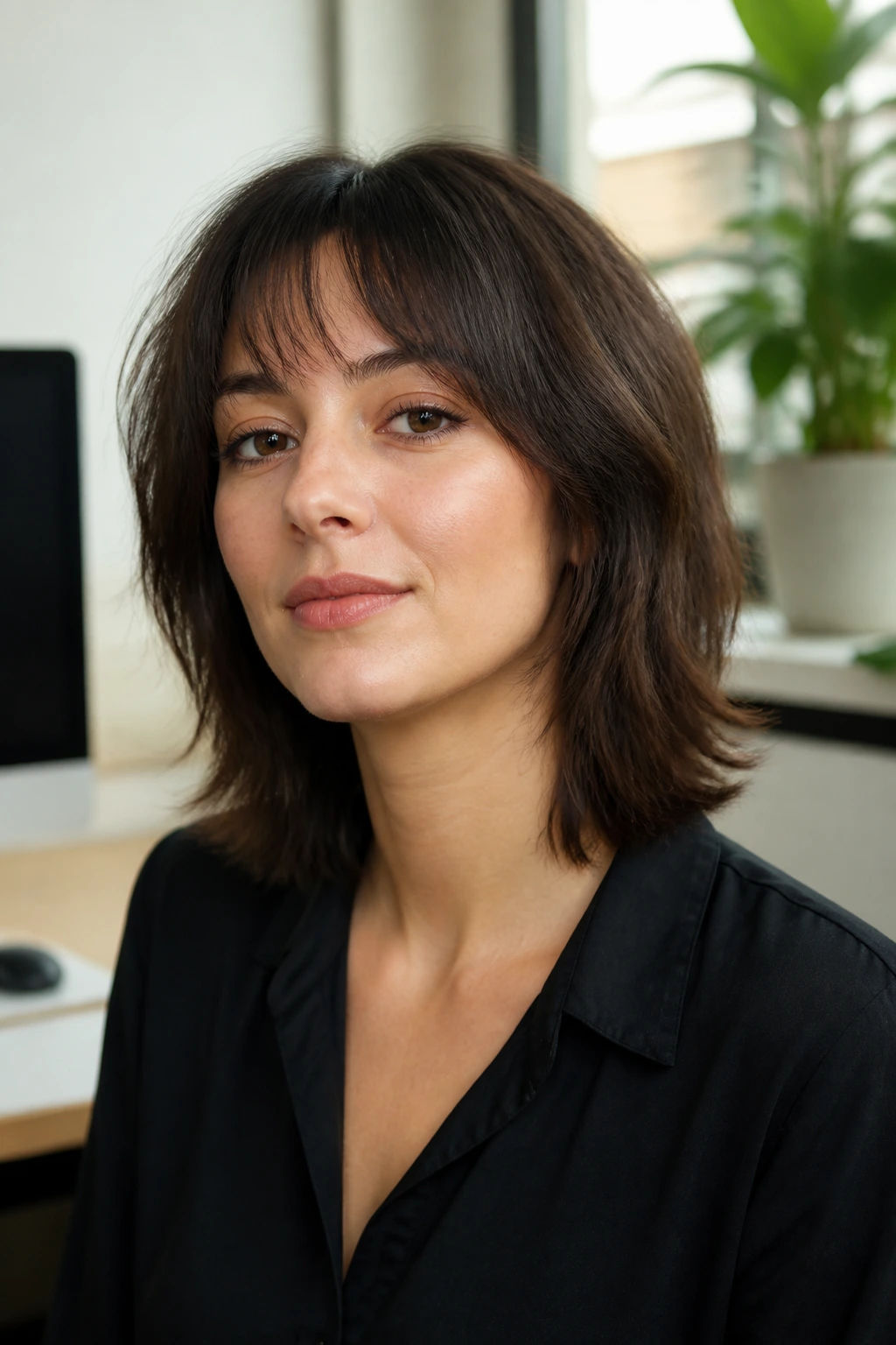 Close-up portrait of a real person with a subtle shoulder-length wolf cut in an office setting with natural light.