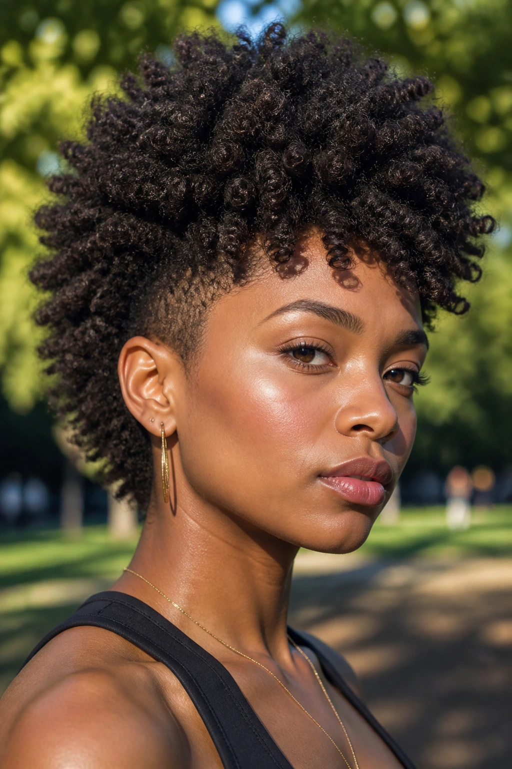 Real woman with Tapered Afro Wolf Cut in outdoor park light