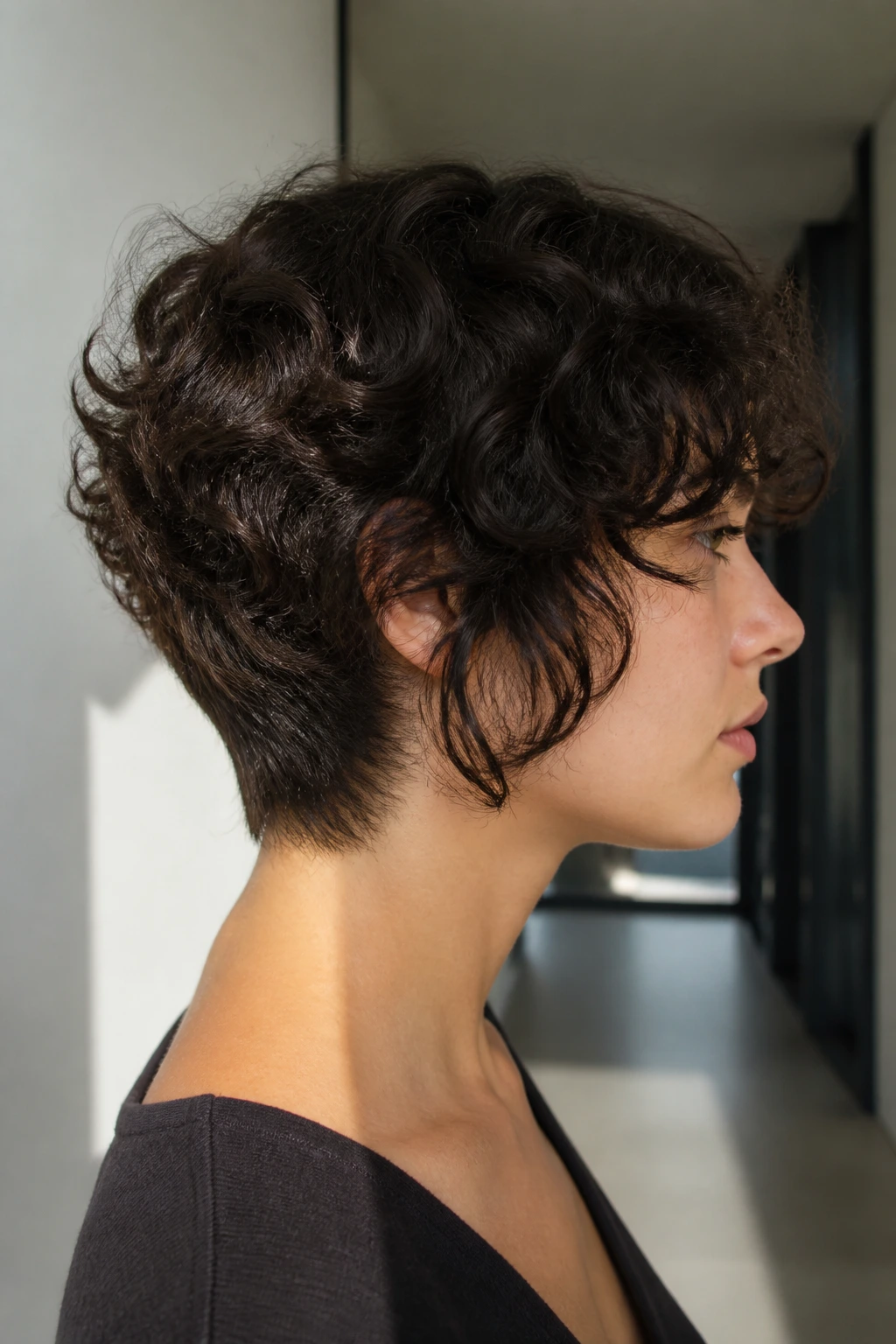 Side-profile close-up of a real person with tapered nape wolf haircut