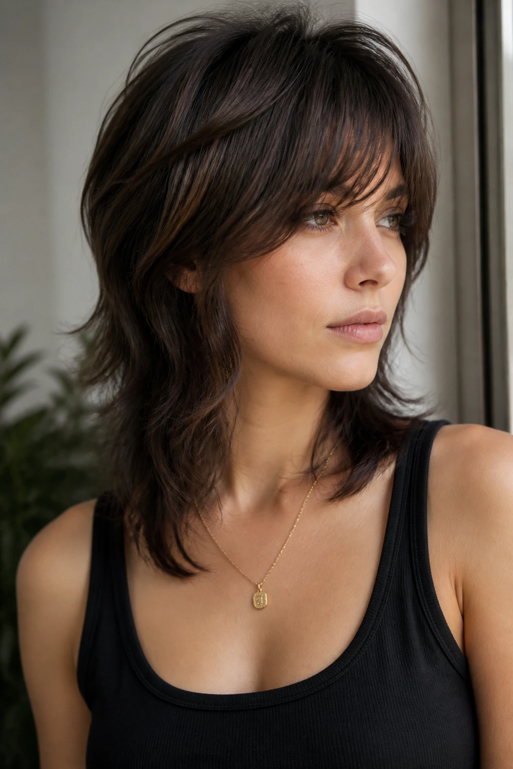Portrait of a woman with a tailored wolf cut suited to her texture and face shape