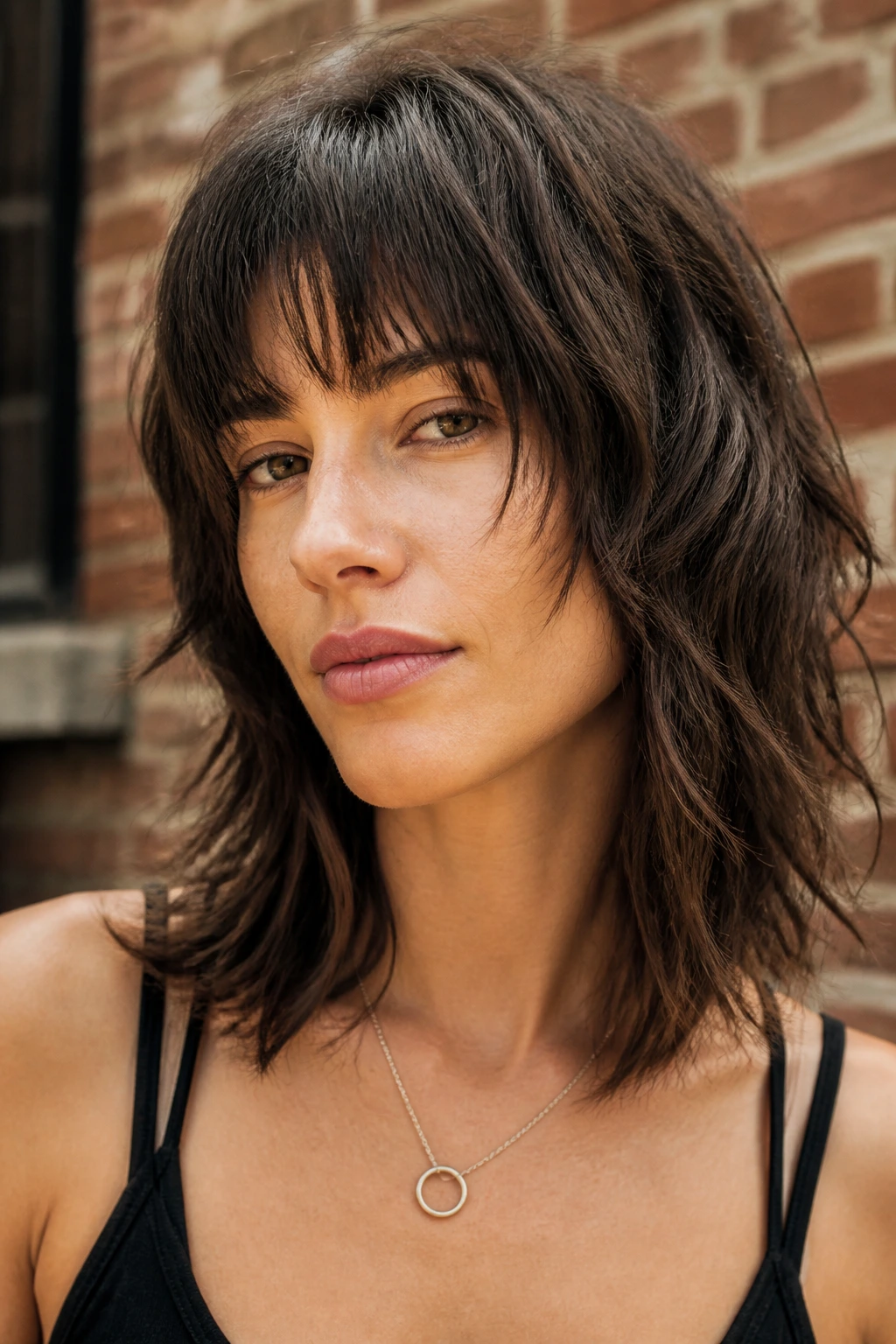 Close-up portrait of a real woman with choppy wolf cut and textured fringe