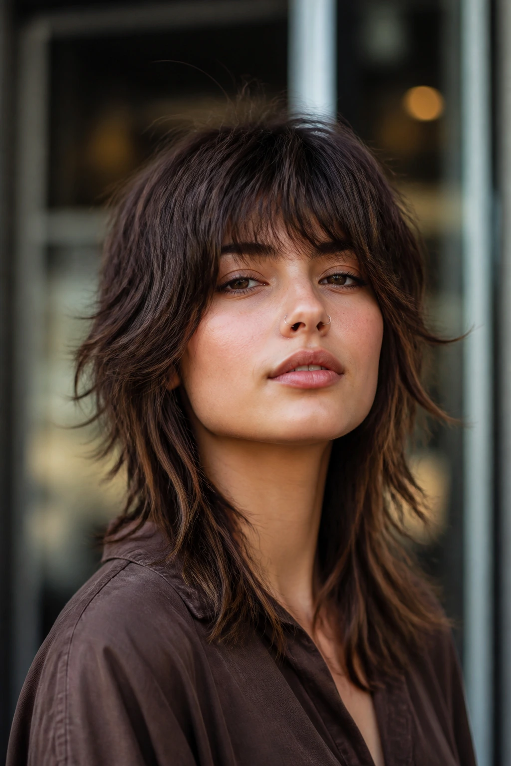 Portrait showing wolf-cut variation on thick hair