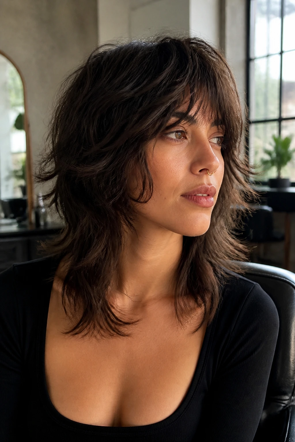 Close-up portrait of a real woman with a Wolf Cut showing layered crown and long ends