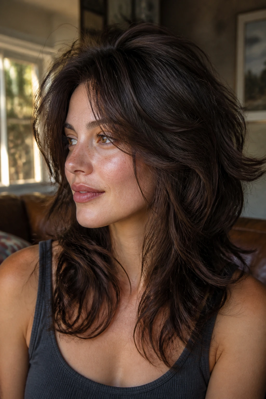 Close-up of a real woman with a controlled wolf cut showing crown volume and face-framing layers