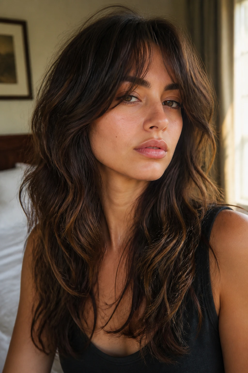 Close-up portrait of a real woman with a long wolf cut on thick wavy hair, showcasing movement and layered fringe in natural window light