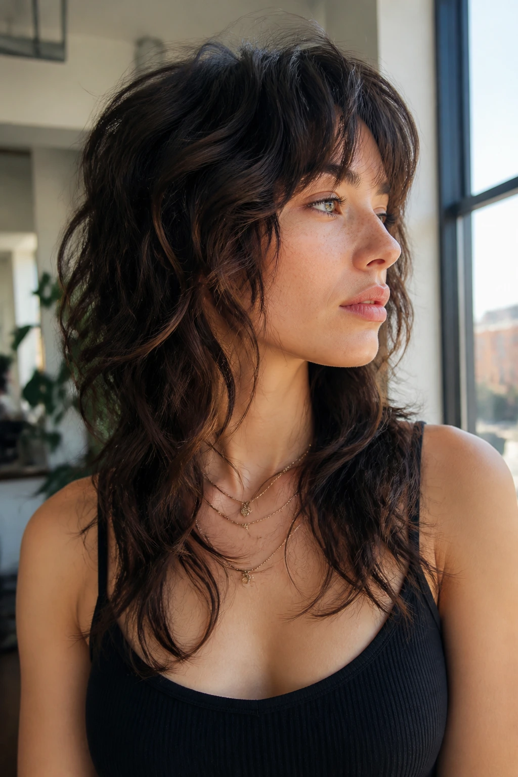 Close-up of a real person with wavy wolf cut showing volume and layers