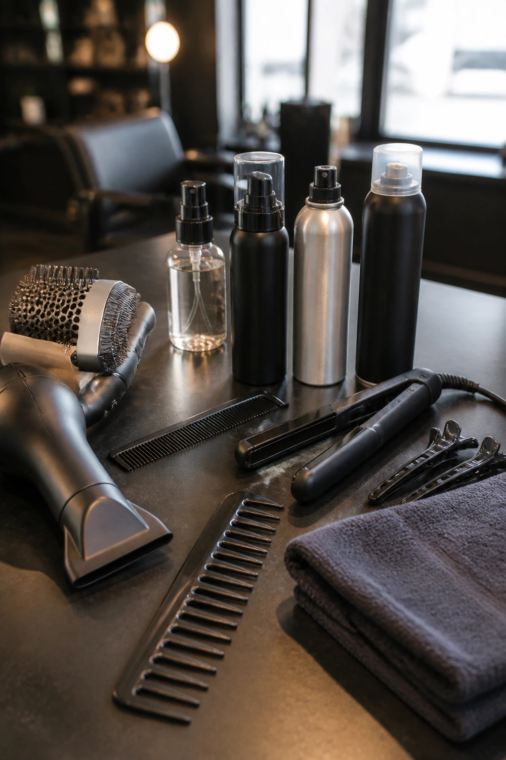 Close-up of essential hair tools for wolf cuts arranged on a counter
