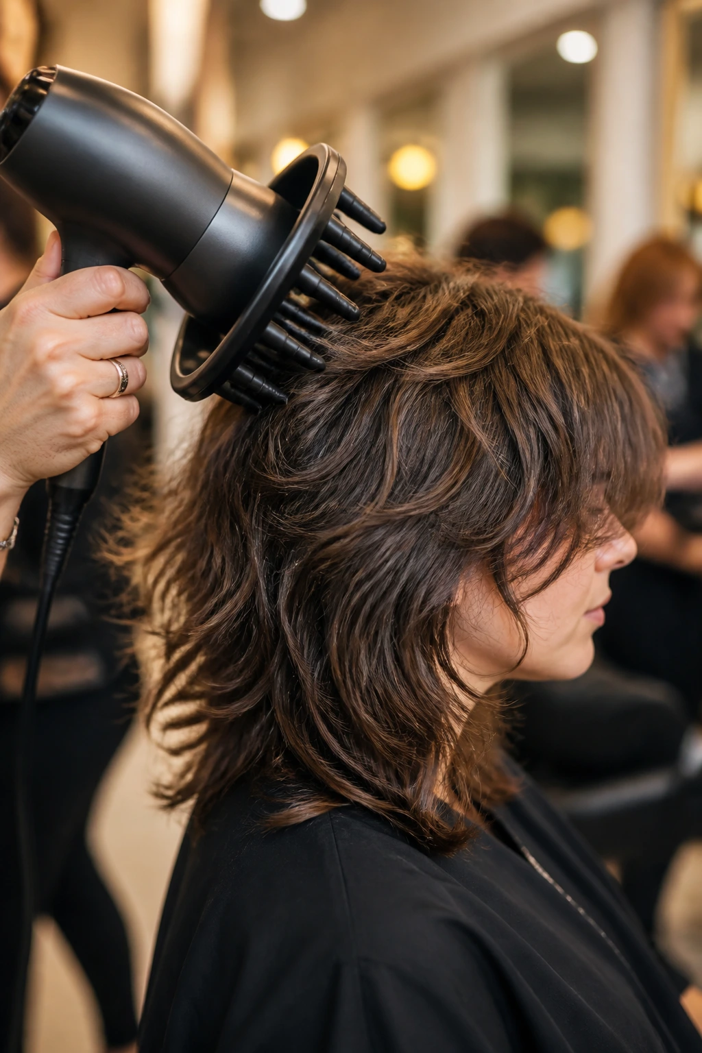 Close-up of a diffuser-attached blow dryer styling the crown of a wolf-cut hairstyle in a salon