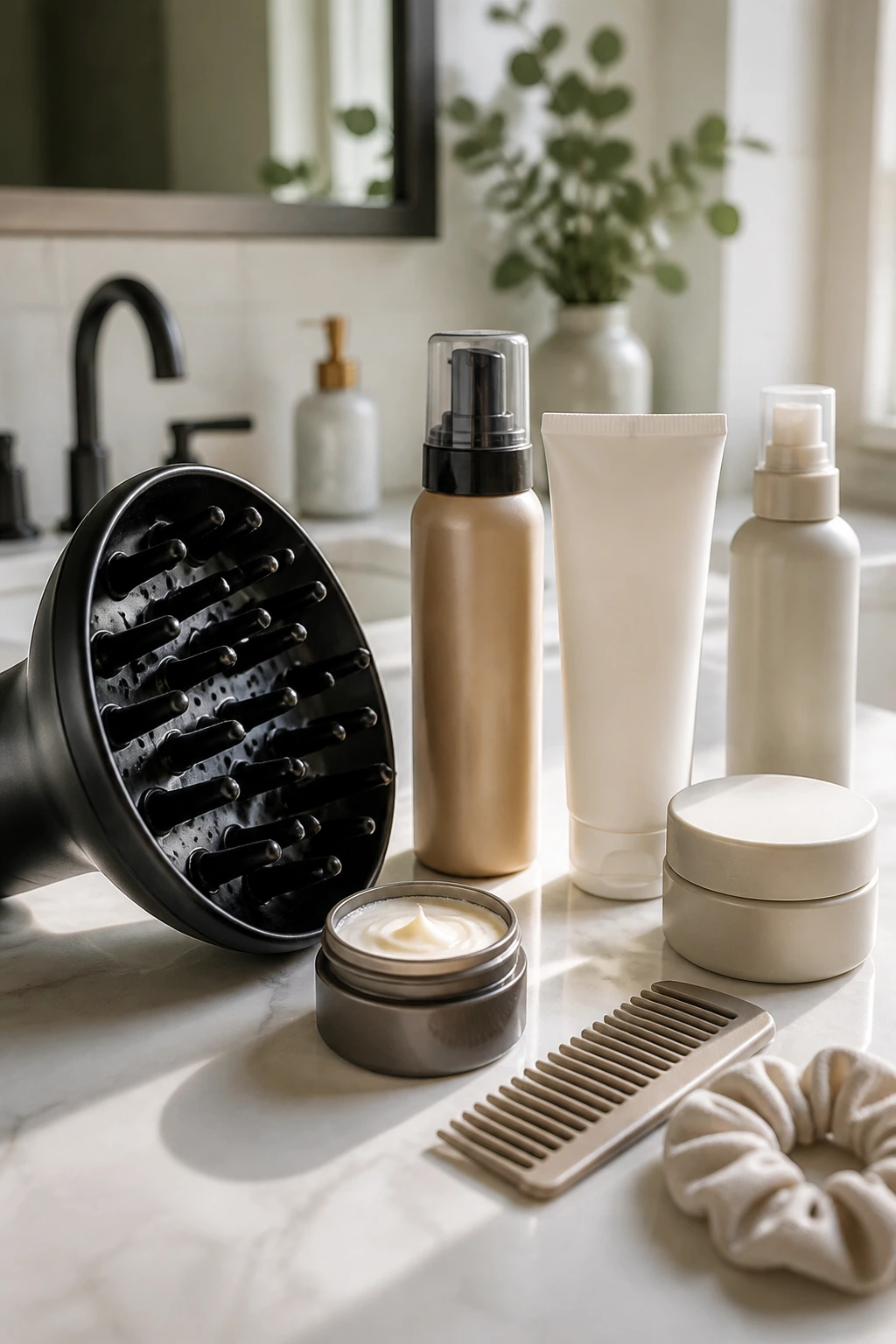Still life of soft-hair tools and blank-label bottles on a counter
