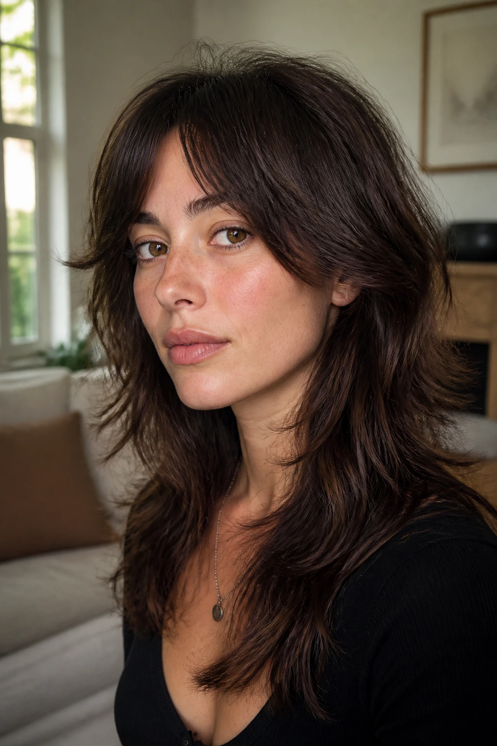 Close-up portrait of a real person with a grown-out wolf cut and transition layers in natural light