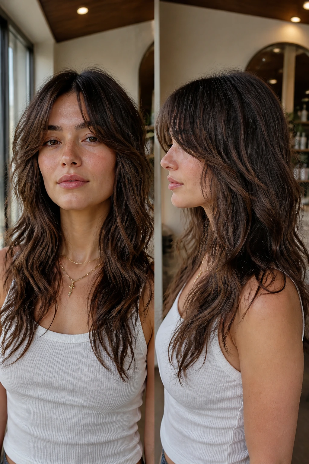 Close-up portrait of a real woman showcasing a triangle-fix long wolf cut in warm salon lighting