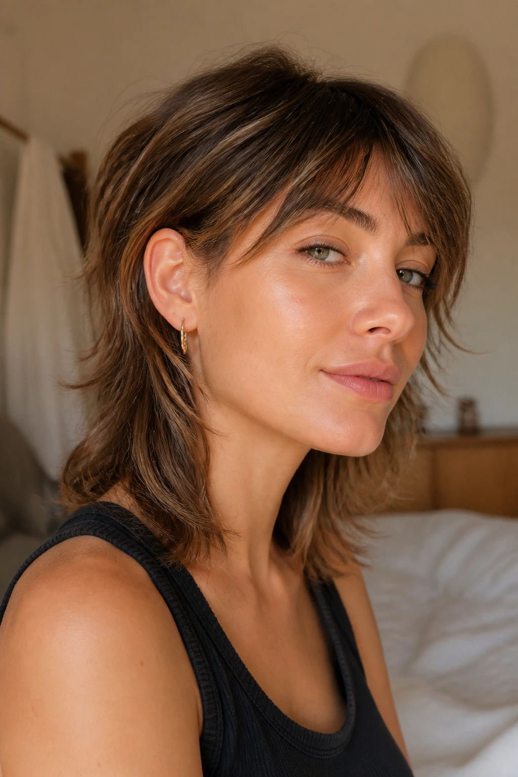 Close-up portrait of a real woman with a tucked-behind-ear wolf cut, ear tuck and soft silhouette