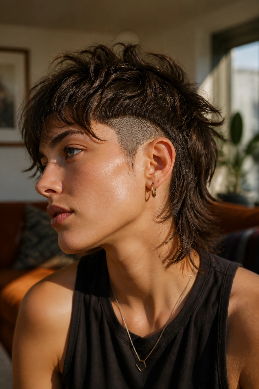Real person with a wolf cut and visible undercut in a warm living room.