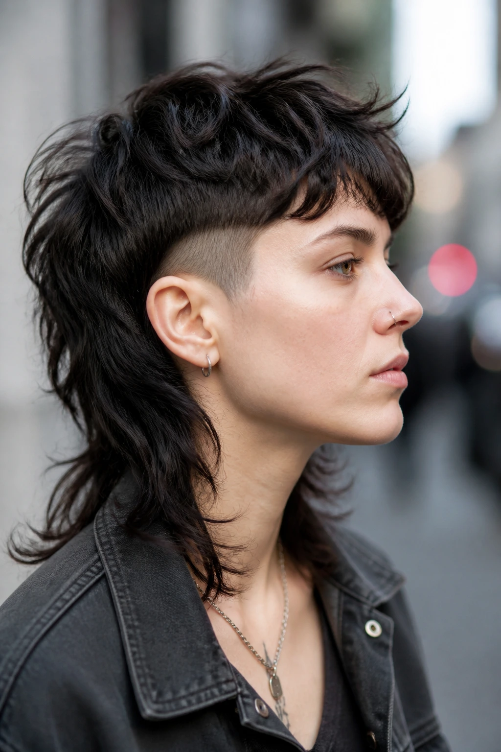 Portrait of a person with wolf cut shag and temple undercut