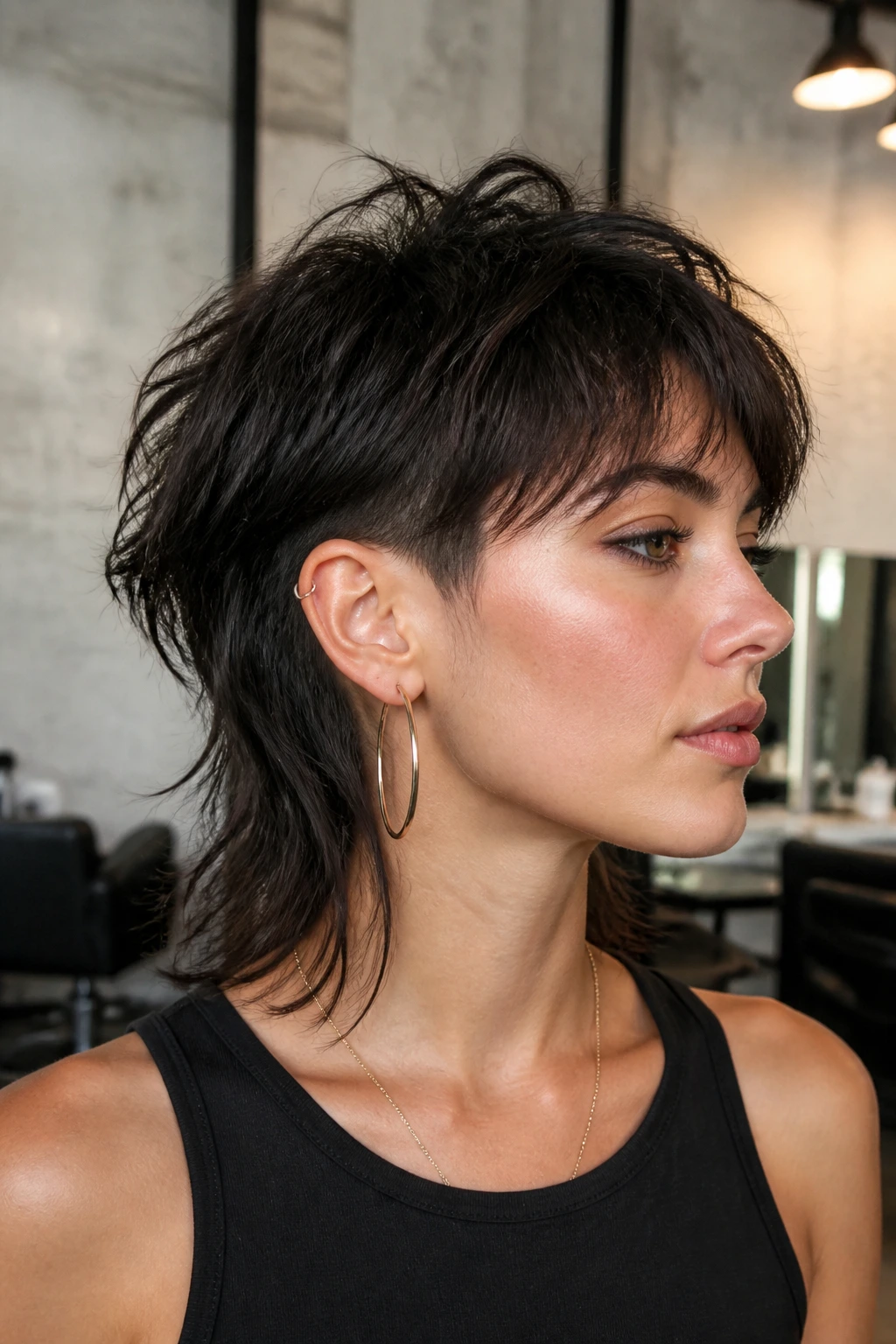 Shoulder-up portrait of a person with a wolf cut and shaved underlayer for lift