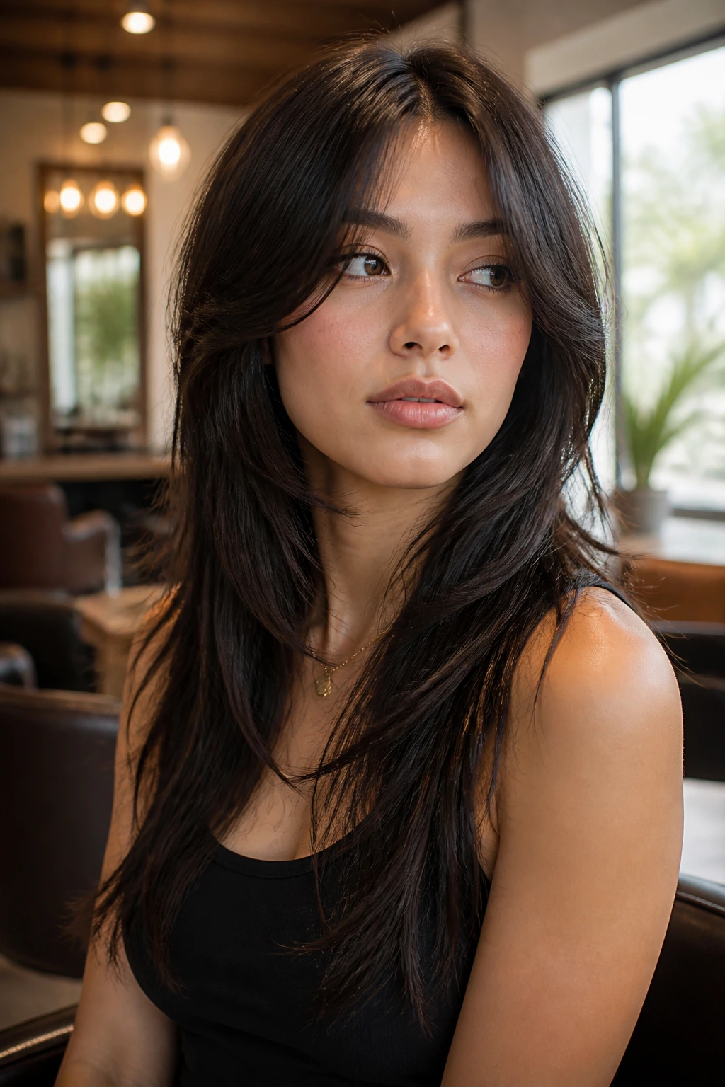 Close-up of a real woman with a long wolf cut featuring a V-cut at the nape in warm salon light