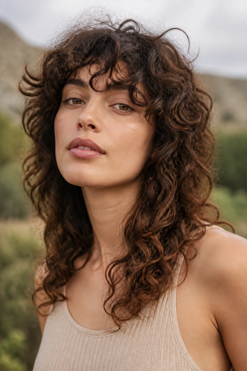Portrait of a person with curly-friendly wolf cut outdoors