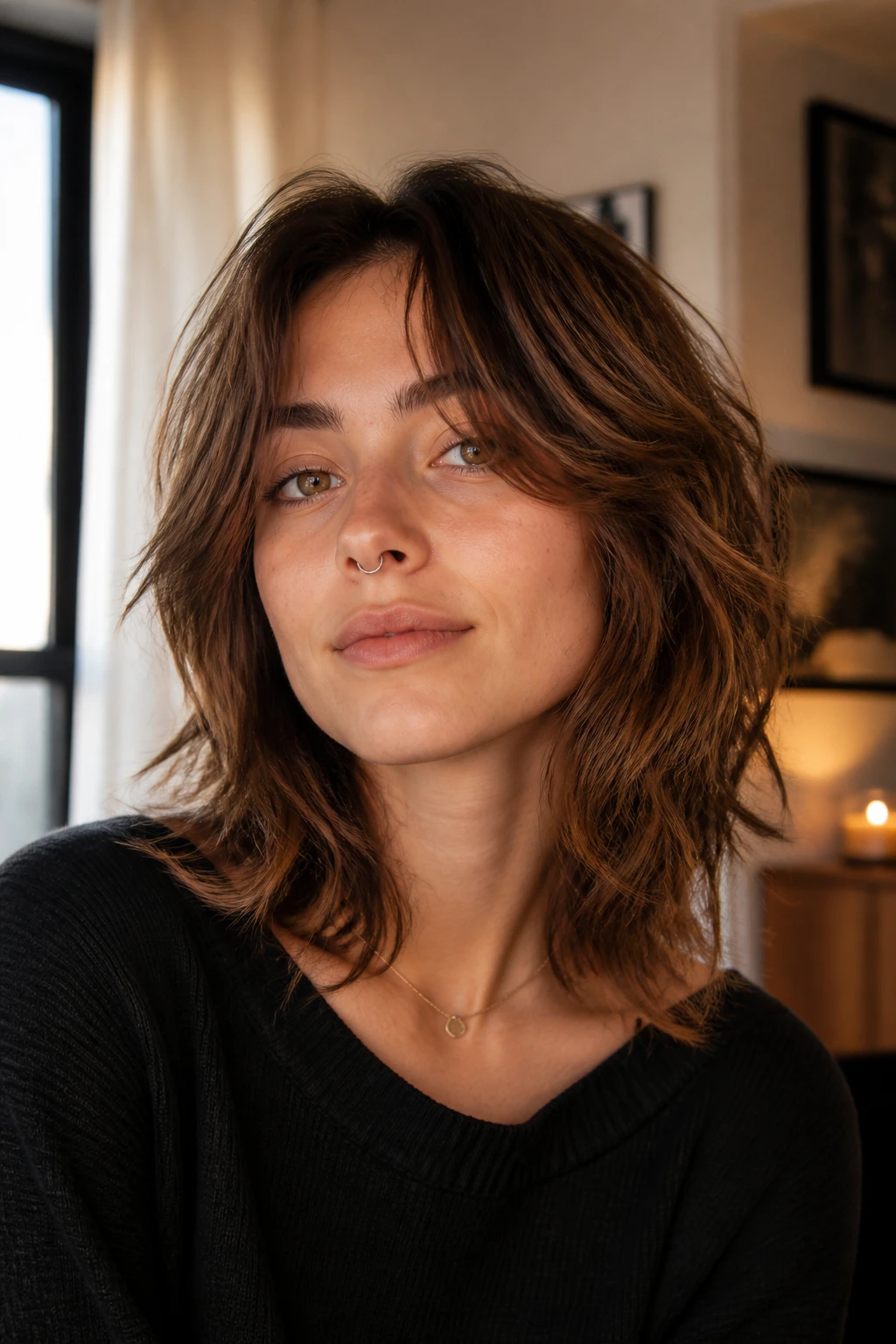 Portrait showing a wolf cut with soft fringe variation and longer face-framing pieces.