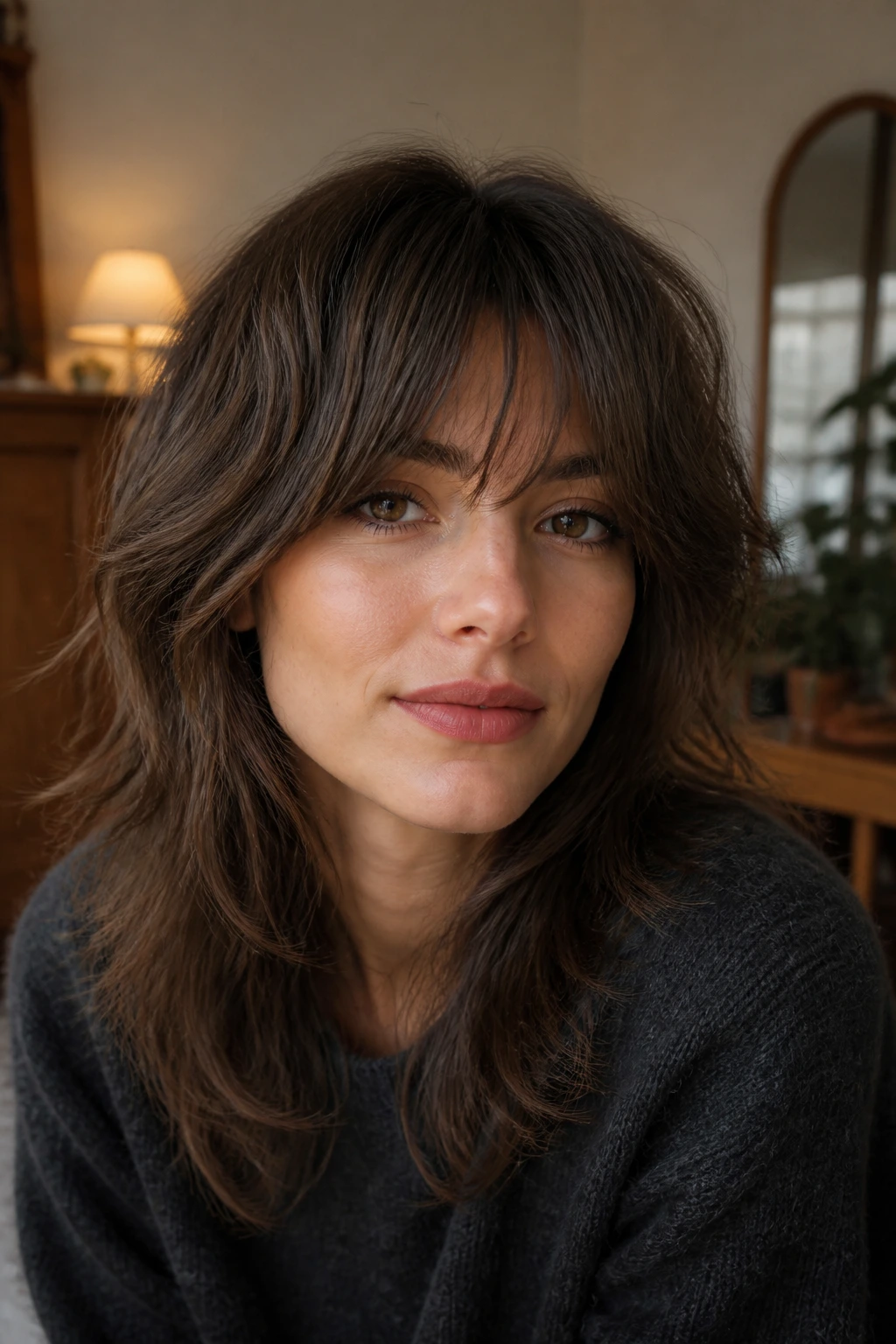 Person wearing a soft indie wolf cut with long bangs