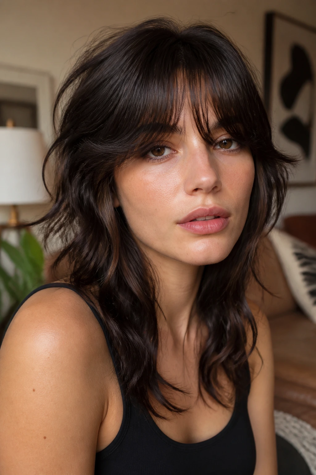 Close-up portrait of a real woman with a wolf cut and curtain bangs in a cozy living room