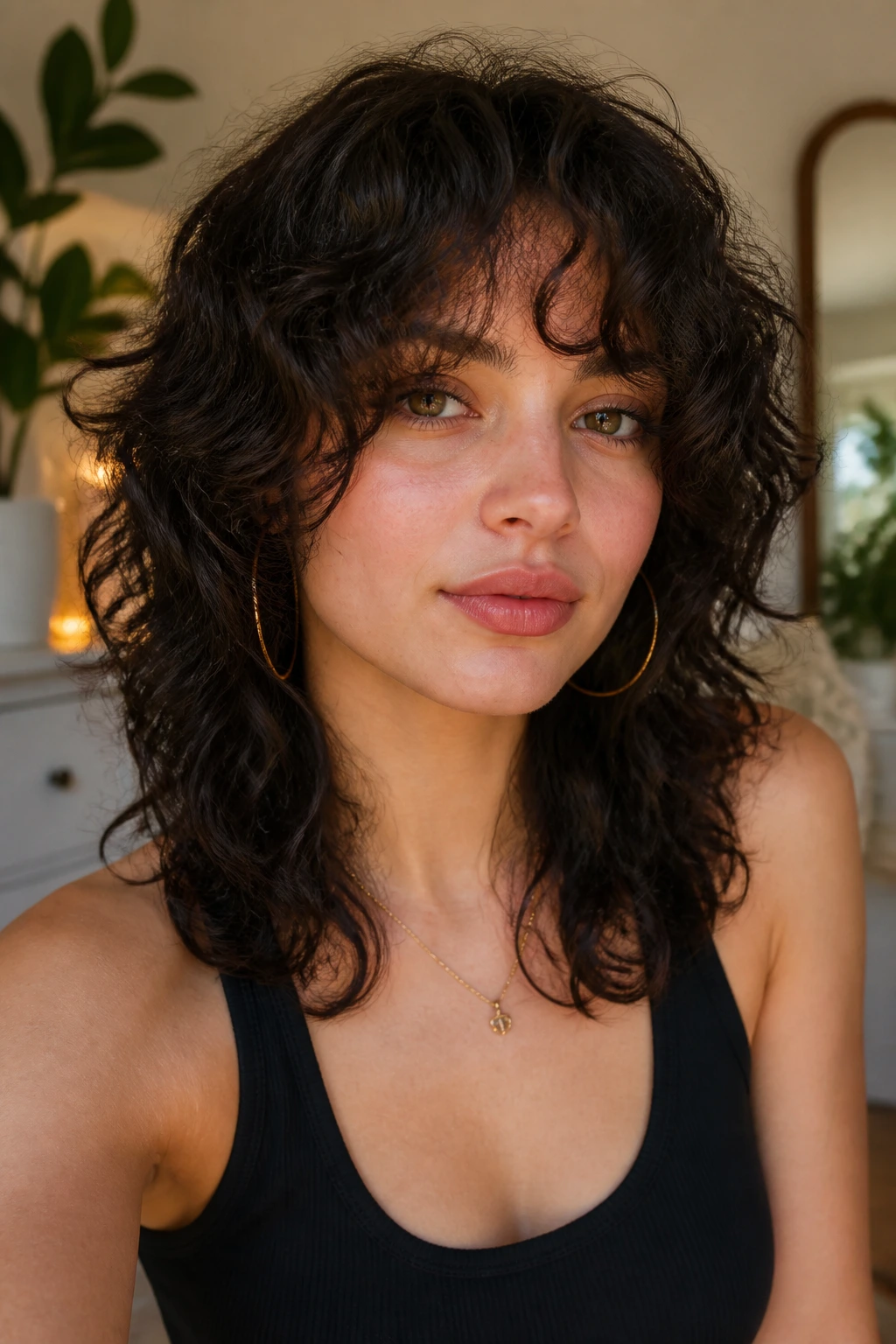Real person with soft, rounded wolf cut and curtain bangs
