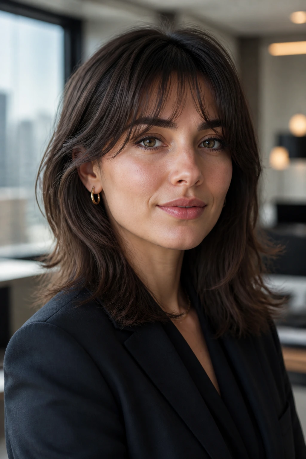 Portrait of woman with soft office wolf variation showing longer fringe