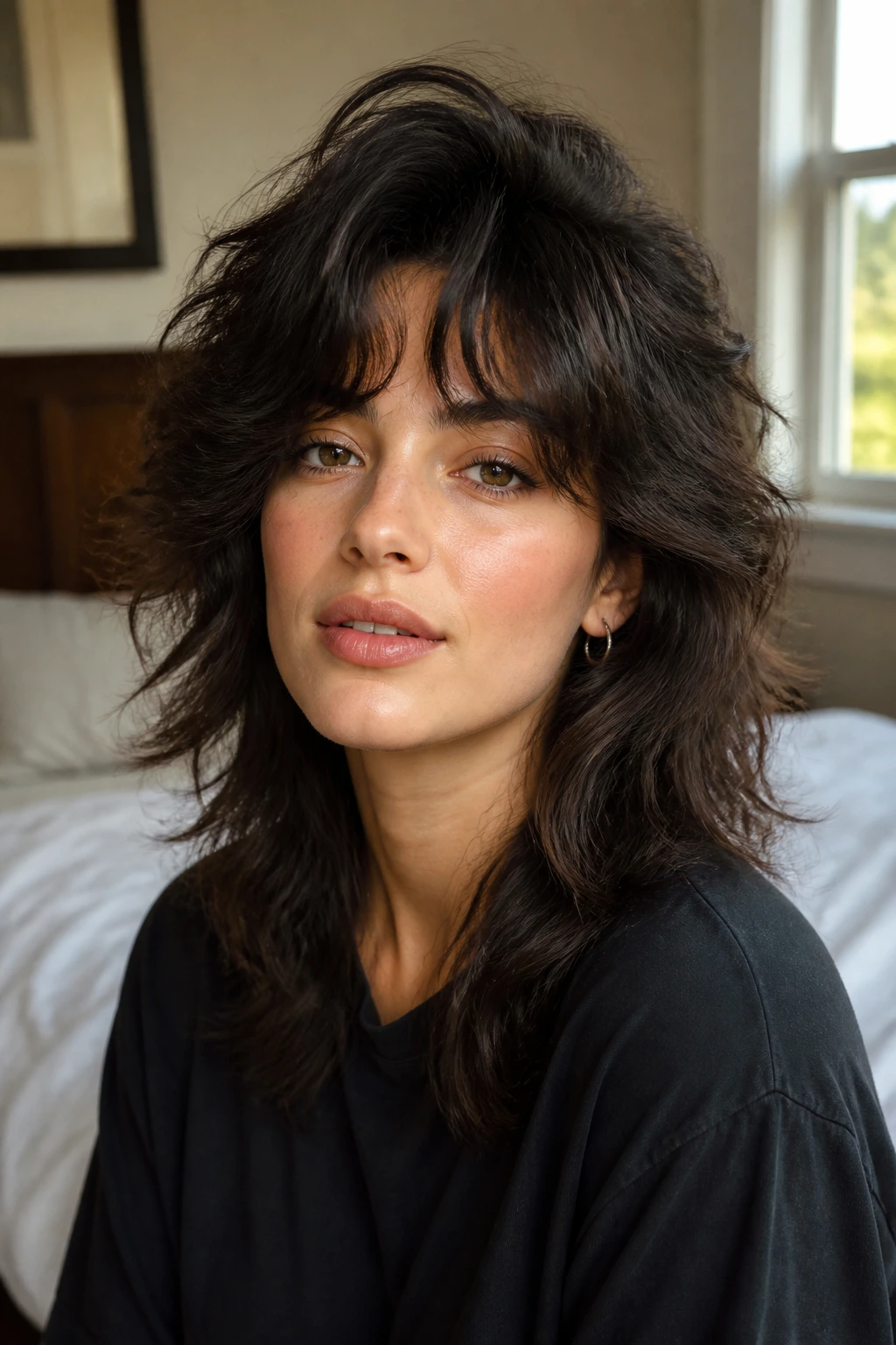 Close-up of a real woman with a thick wolf cut showing soft layers and volume in warm natural light.