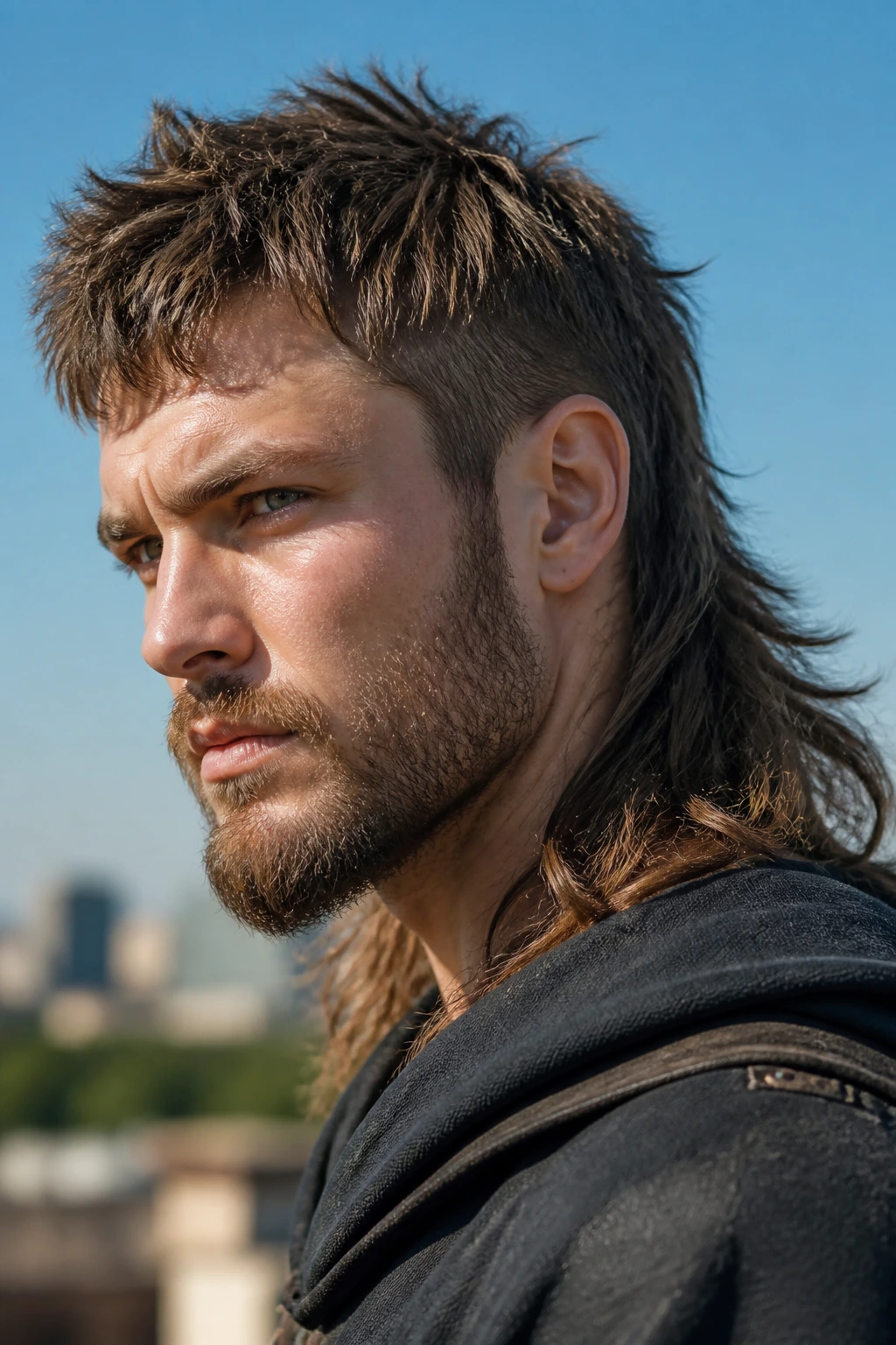 Portrait of man with wolf-cut Viking hybrid hairstyle