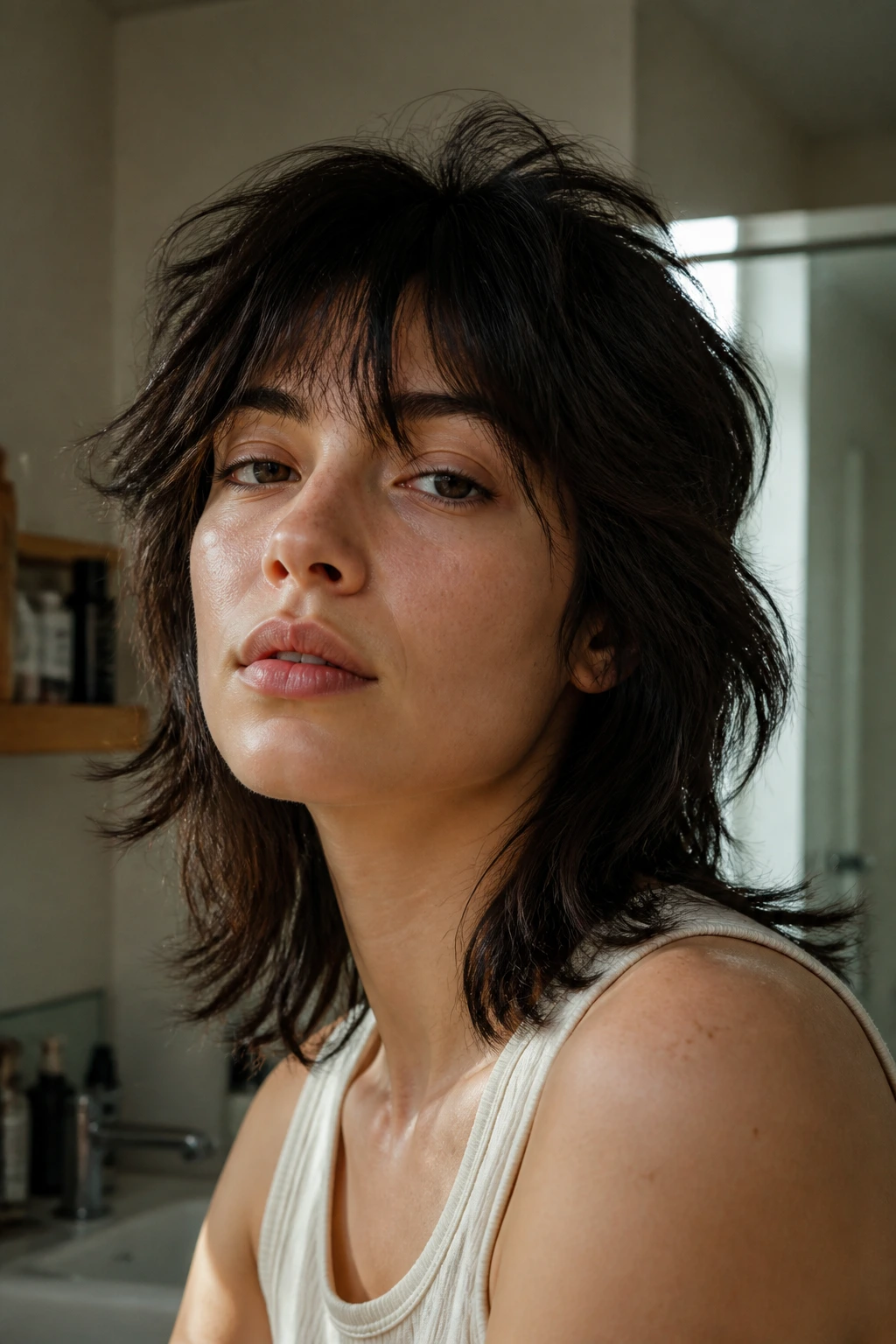 Real person with wolf cut showing bedhead texture between washes