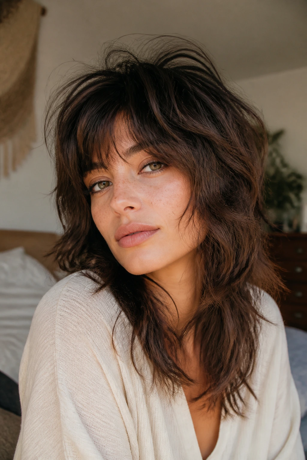 Close-up of a real person with shaggy wolf-cut waves and crown volume in boho style