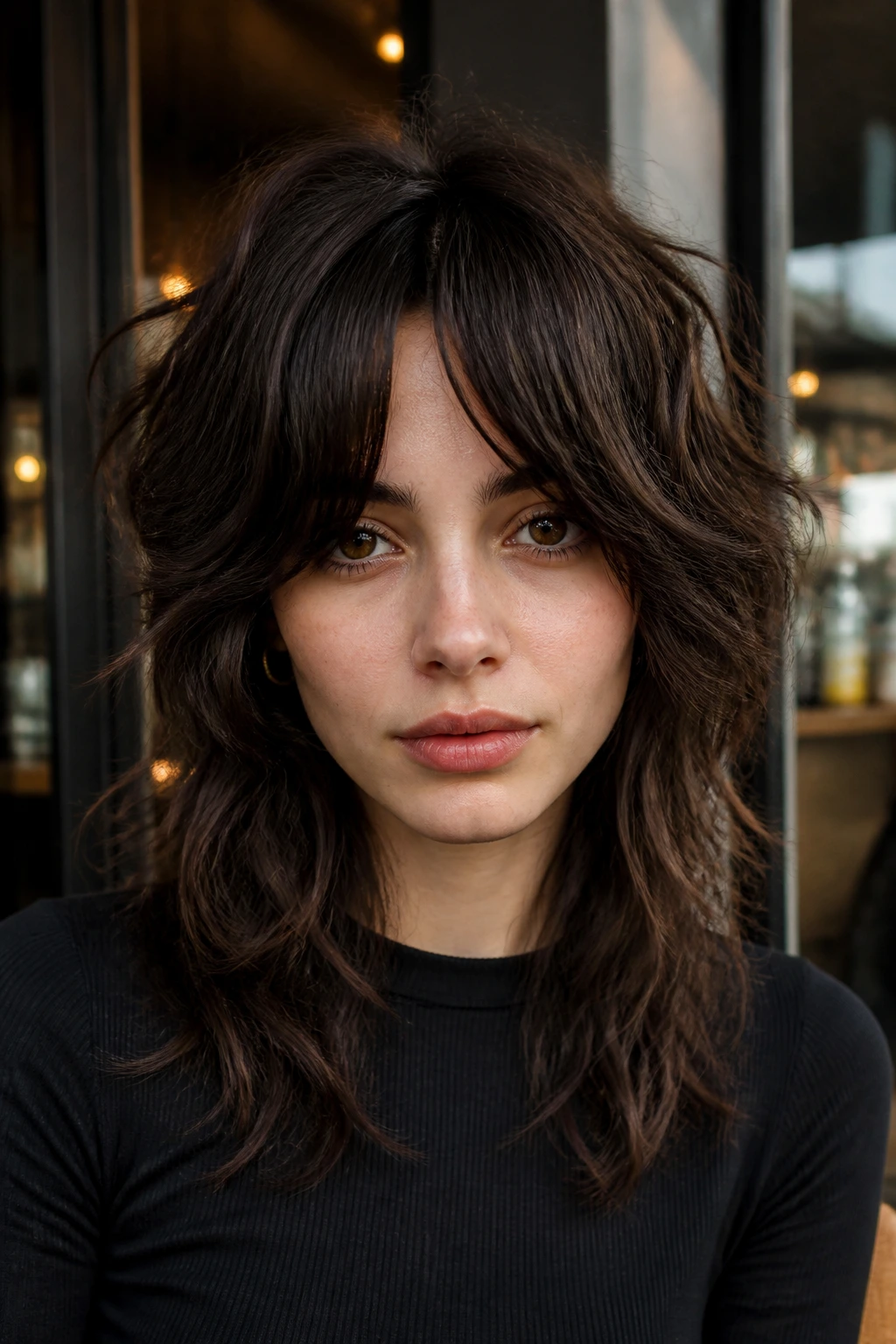 Portrait of a person with wolf cut waves and heavy curtain bangs in natural daylight