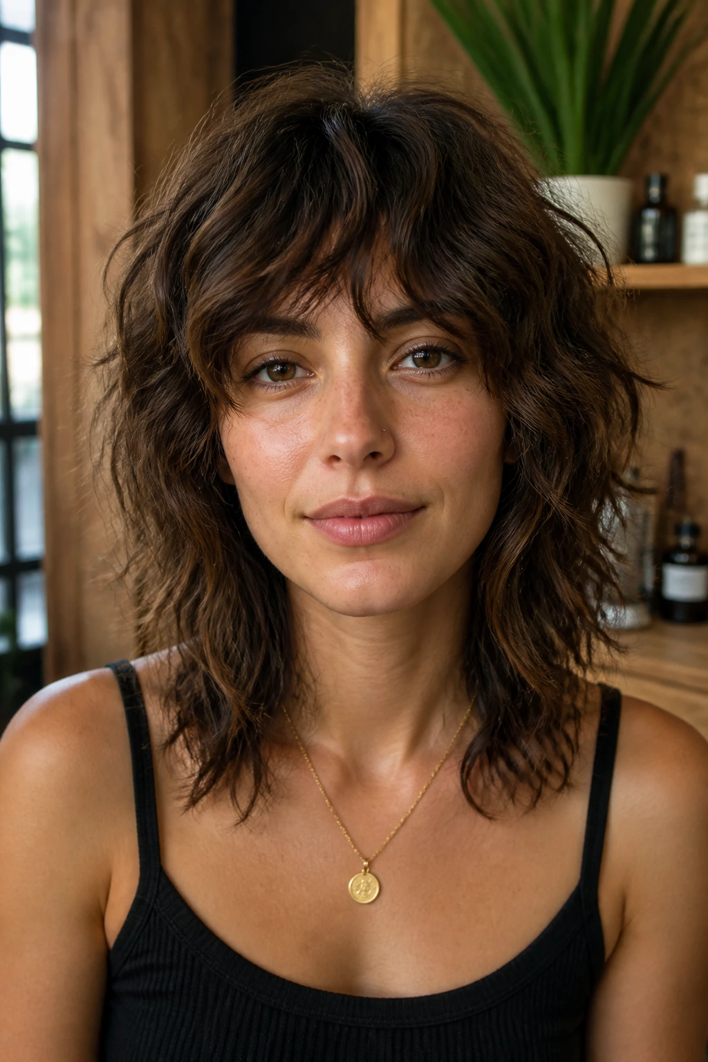Close-up of a real person with a balanced wavy wolf cut in a warm salon setting.