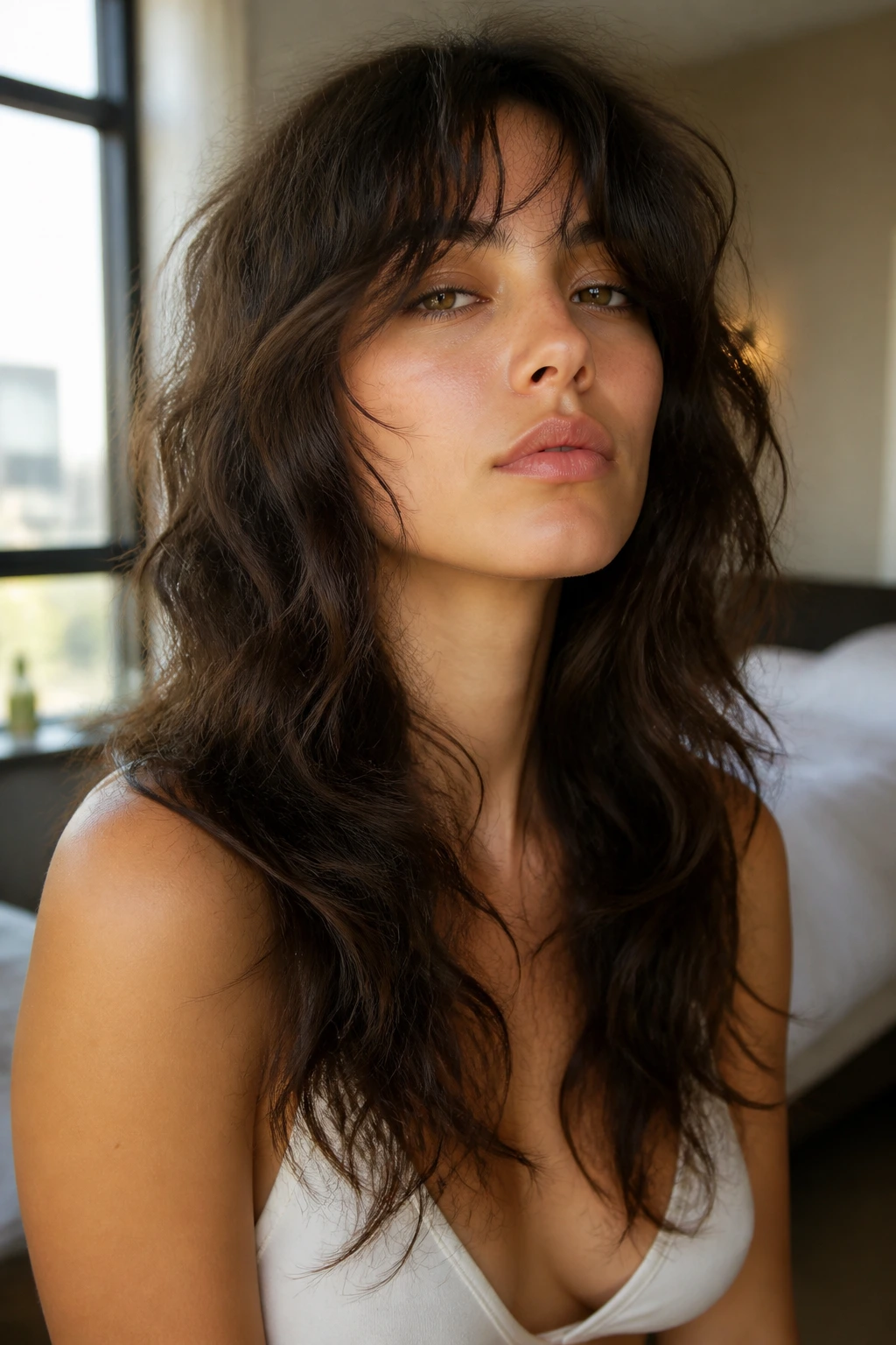 Close-up portrait of a real person with a long shaggy wolf cut showing waves in natural window light