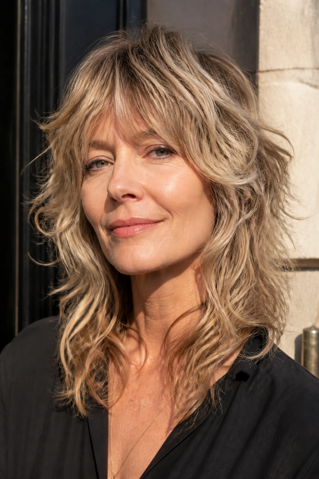 Real woman with a wavy wolf cut showing crown and layered sides in daylight