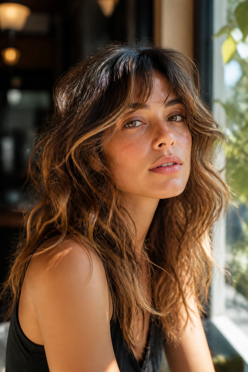 Close-up of a real person with a Sun-Kissed Wolf hairstyle featuring sunlit, face-framing highlights.