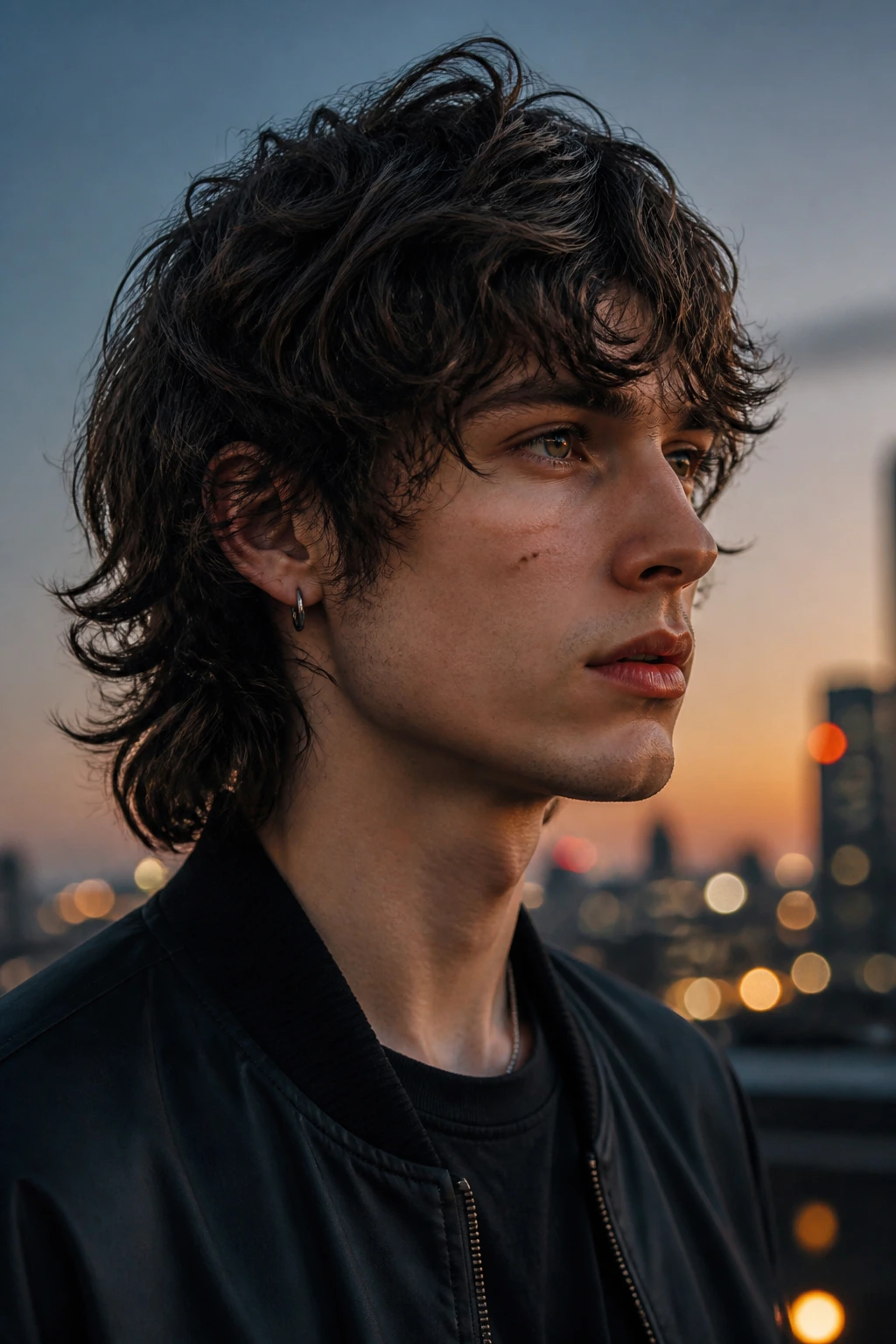 Close-up of a man with a wolf cut for wavy hair on a rooftop at dusk