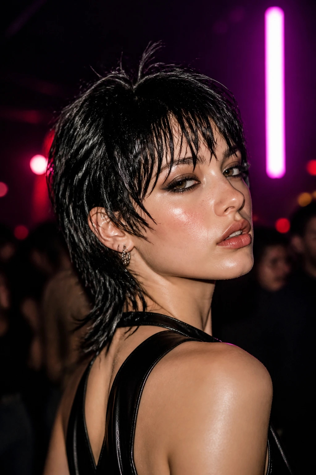 Real woman with Wet-Look Piecey Wolf Cut in neon-lit setting
