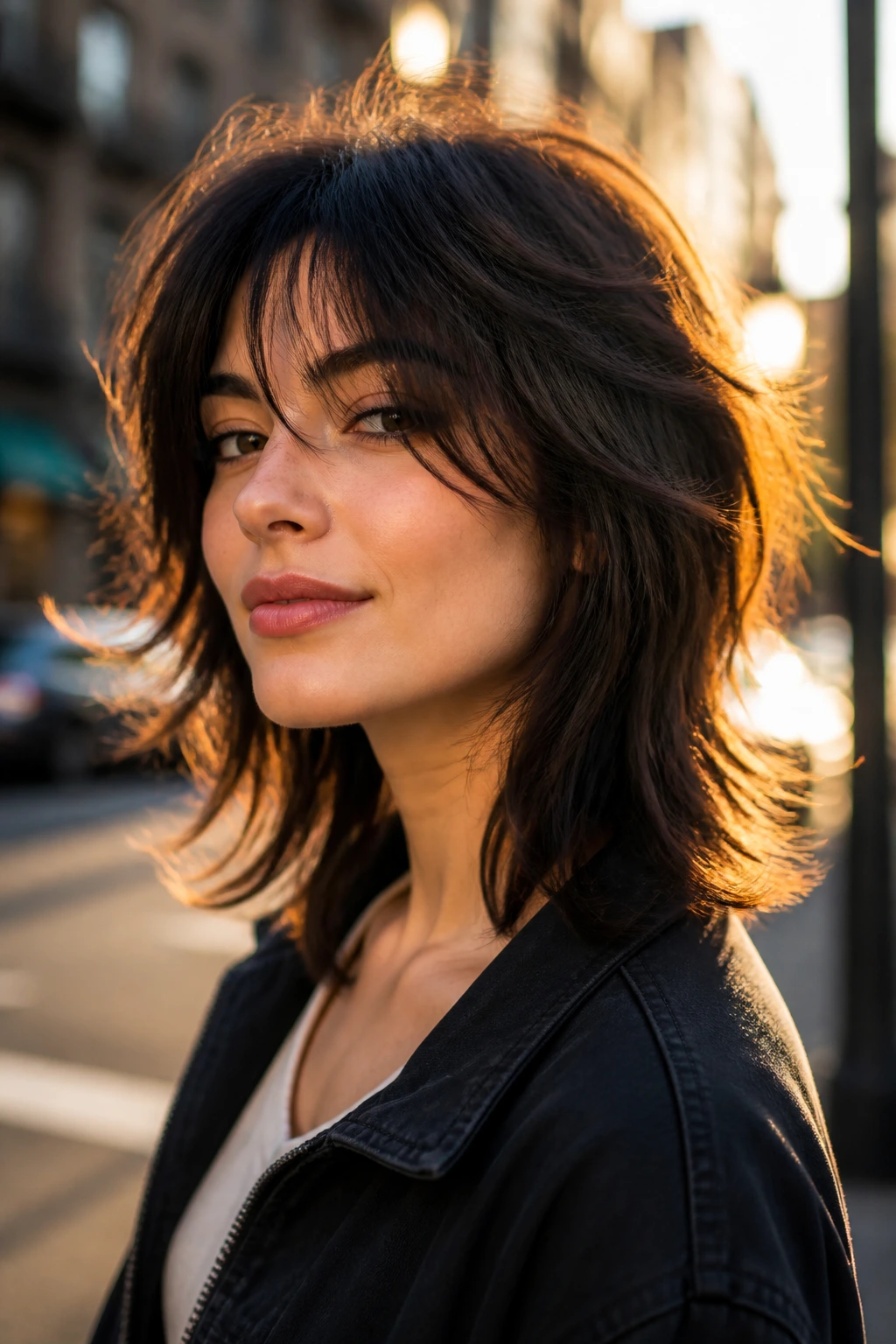Close-up of a real woman with a mid-length wolf cut and wispy curtain fringe on a city street